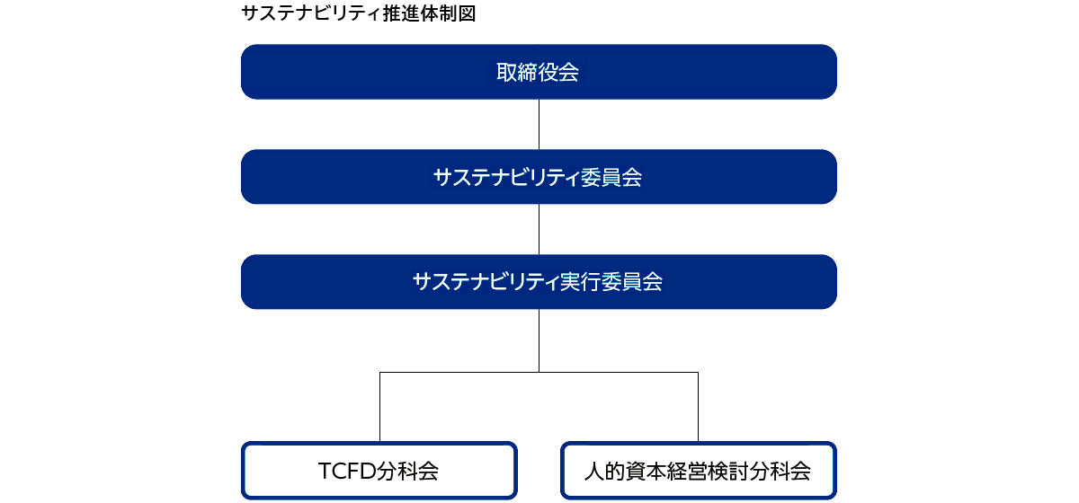 サステナビリティ推進体制図：取締役会　サステナビリティ委員会　サステナビリティ実行委員会　TCFD分科会／人的資本経営検討分科会